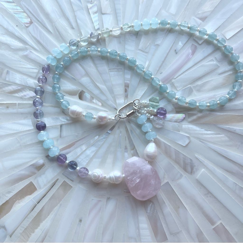 Rose Quartz Pendant, Fluorite, Pearl & Carabiner Hardware Necklace Ooak